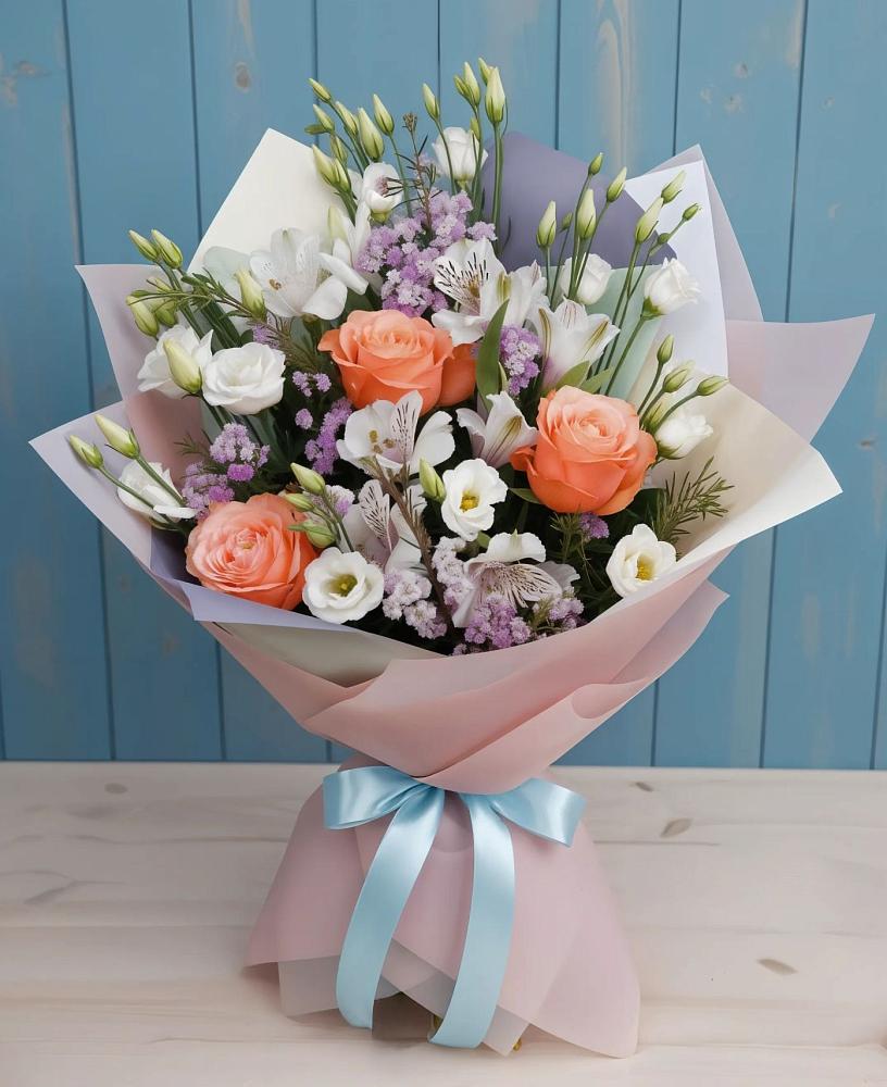 Букет цветов из: Лизиантусы, Розы, Альстромерии и Гипсофила в Шипицыно