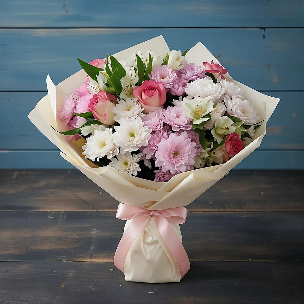 Букет цветов из: Хризантемы, Альстромерии и Розы в Шипицыно